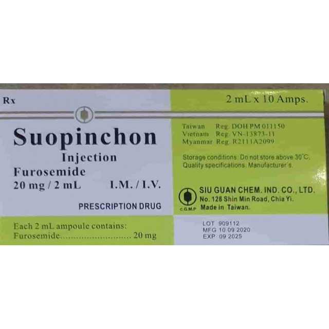 Suopinchon ( Furosemid 20mg/2ml) (H/ 10 ông (Thuốc lợi tiểu trị cao huyết áp, phù)